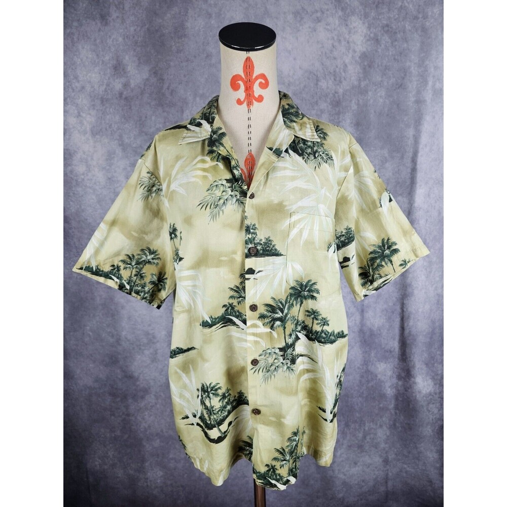 VTG RJC Ltd Men L Hawaiian Aloha Shirt Tropical Island Palm Trees Cotton Tan USA